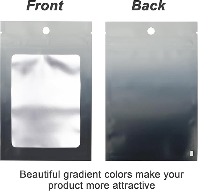300 Pcs Gradient Mylar Bags, 3 Size Smell Proof Bags with Clear Window Foil Pouch Bags Resealable Bags for Small Business and Food Storage, Grey Black