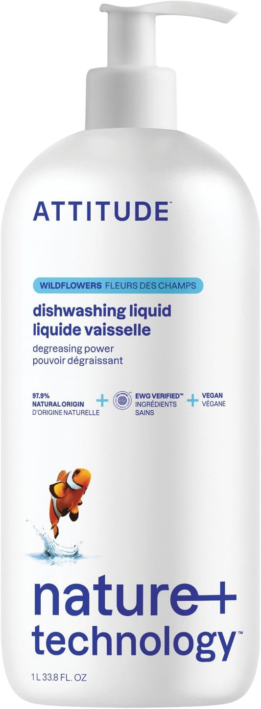 ATTITUDE Dish Soap, EWG Verified, Plant-Based & Vegan Dishwashing Liquid, Naturally Derived, Wildflowers Scent, 33.8 Fl Oz