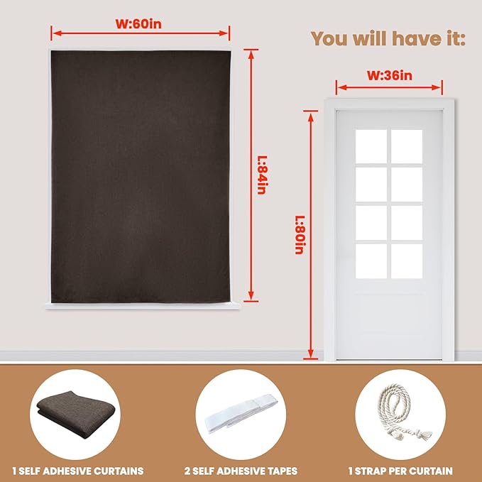 JILROIN Self Adhesive Curtains,100% Blackout Window Cover,No Drilling,Easy to Install,Provides Privacy Protection for Bedrooms (Dark Coffee- W60 × L84 in)