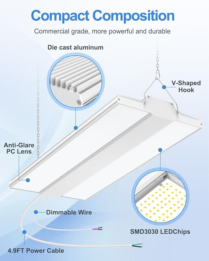 ADUB 8 Pack 200W LED High Bay Shop Light 30000LM, 1.63 FT LED Linear High Bay Light Dimmable 0-10V, 5000K Hanging Shop Light, UL DLC Listed Commercial Bay Light for Warehouse Factory Garage, 100-277V