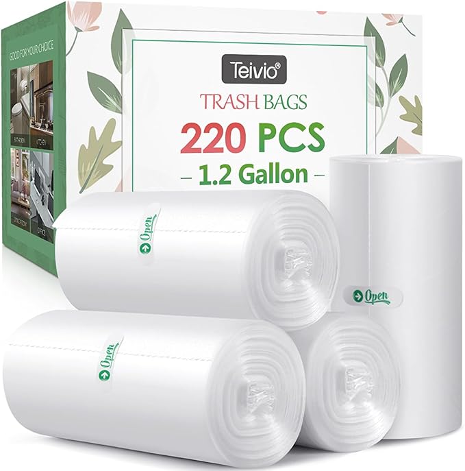 1.2 Gallon 220 Counts Strong Trash Bags Garbage Bags, Bathroom Trash Can Bin Liners, Small Plastic Bags for home office kitchen, fit 5 Liter 5L, 1Gal, Clear