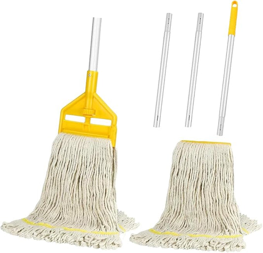 Industrial Heavy Duty Cotton Mop with Two Loop-End String Wet Mop Head,59" Long Handle Looped-End String Wet Cotton Mops for Floor Cleaning