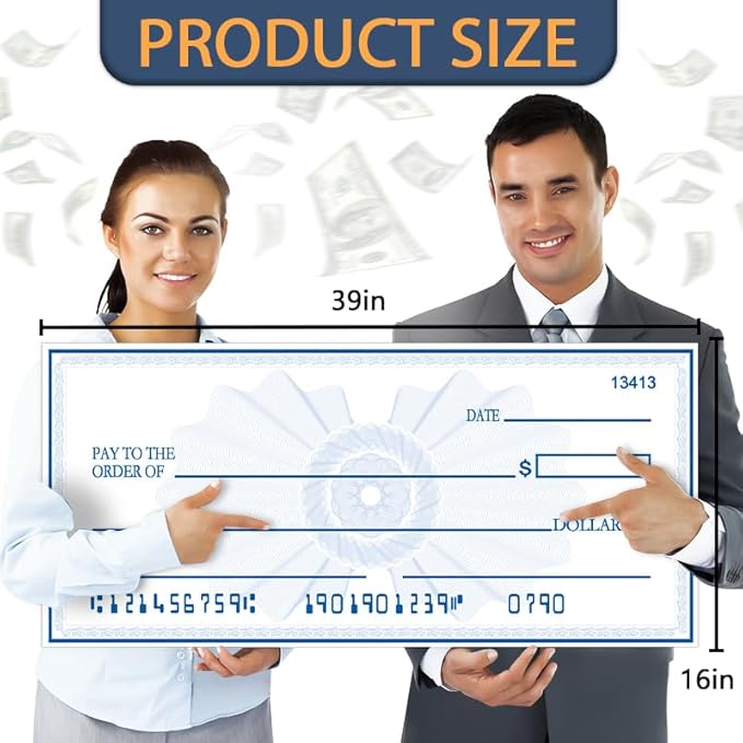 Big Check Giant Check 40x16 Inch Double-Sided Reusable Award Supply | Dual-Color Dry Erase Board for Corporate Events & Fundraisers (Black/Blue) with 2 Markers & Guide