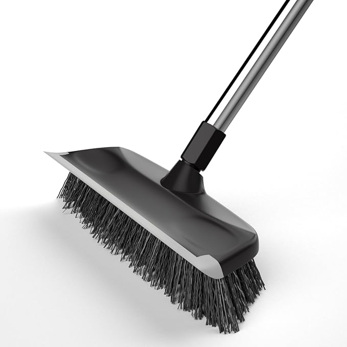 Heavy Duty Floor Scrub Brush with Long Handle, Adjustable Stainless Steel Handle, Stiff Bristles & Rubber Squeegee Scraper, Concrete Floor Scrubber for Cleaning Floor Concrete Deck Hardwood Patio Tile