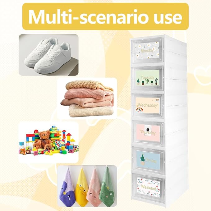GRETJOB Weekly Clothes Organizer for Kids with Doors - 6-Tier Hanging Closet Shelves, Foldable Storage Cubby for Boys Girls, Durable Plastic Wardrobe Cabinet, Monday Through Friday Sorter