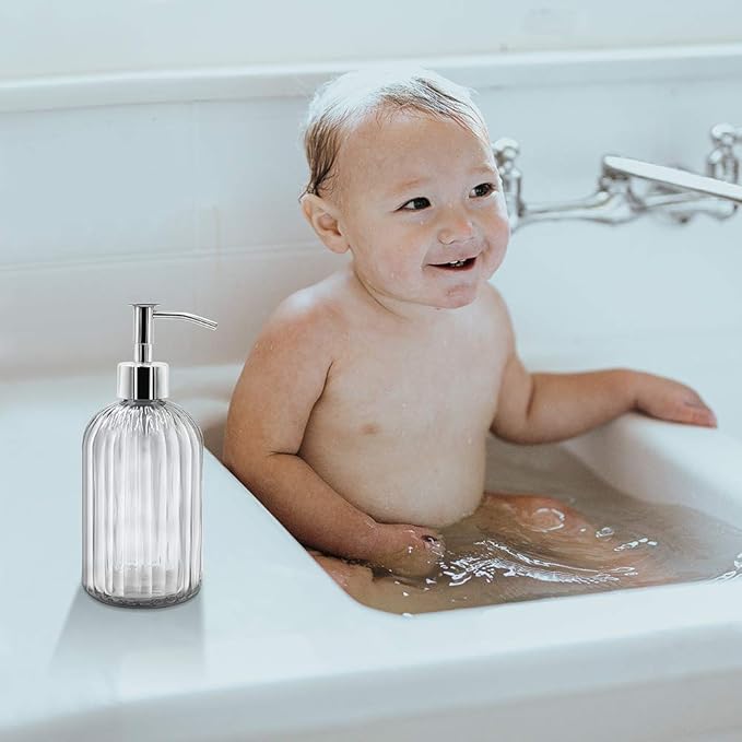 2 Pack Clear Glass Soap Dispenser Bottle with Pump, 14 Oz Refillable Liquid Hand Jar Dispenser for Bathroom, Countertop, Kitchen, Laundry Room