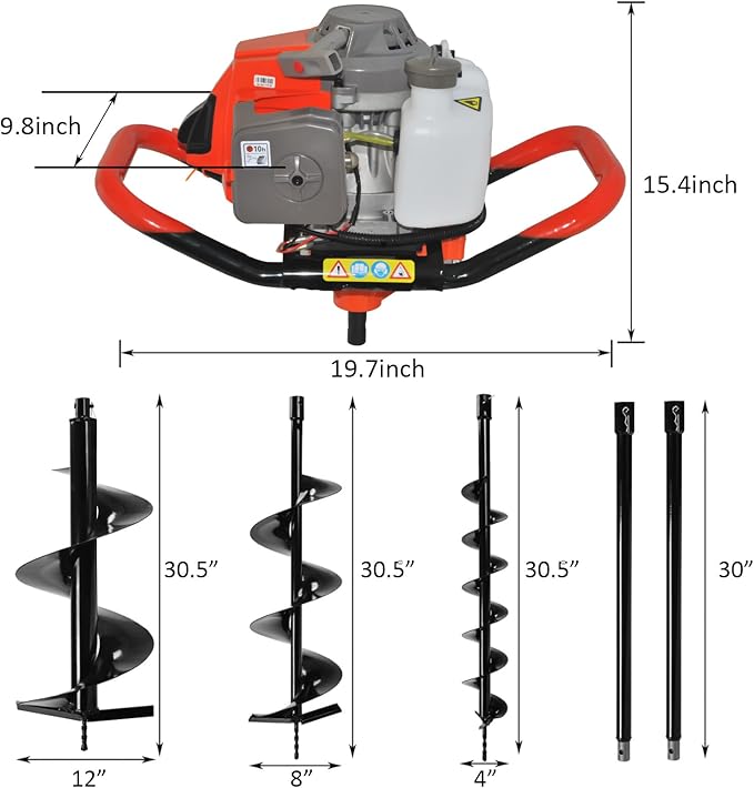 Post Hole Digger,72CC 2 Stroke Auger Post Hole Digger, Gas Powered Earth Digger 3 Auger Drill Bits(4"&8"&12'') and 2 Extension Rods for Farm Garden Plant (72cc Morden Digger)