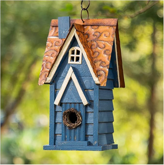 Glitzhome 12" H Retro Blue Distressed Solid Wood Cottage Birdhouse Hanging Bird House for Outdoors