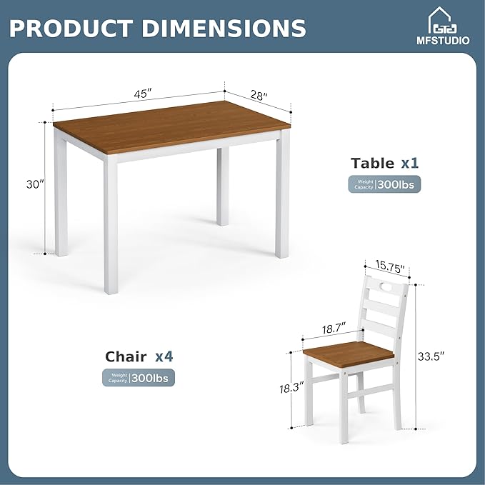 MFSTUDIO Dining Table Set for 4, 5-Piece Kitchen Table with 4 Chairs, Wooden Dining Room Table and Solid Wood Chairs, White Walnut