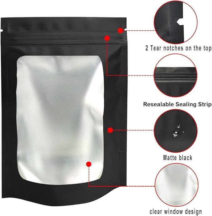 STUs 100 Pack Stand-Up Smell Proof Bags 6.3 x 9.4 Inch Resealable Mylar Bags with Clear Window Foil Pouch Flat Bag Matte Black
