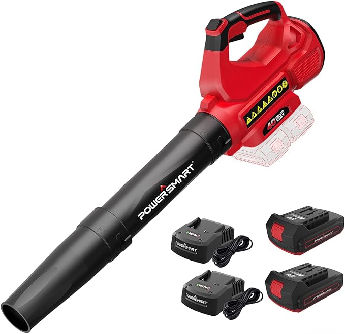 PowerSmart 40V(20Vx 2) Cordless Leaf Blower(Powerful 450CFM /130MPH) with 2X 2.0Ah Batteries & Chargers Included, for Patio Cleaning, Lawn Care, Blowing Fallen Leaves,Snow and Dust, etc.