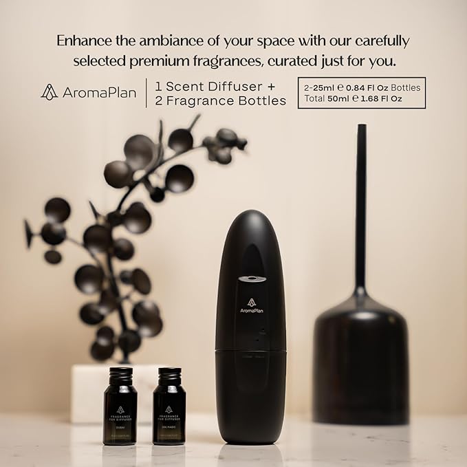 AromaPlan 5 Star Collection 2025 Plug in Diffuser (2 Fragrances Included)-Cold Air & Waterless Diffusers for Home & Office- Silent Wall Diffuser Plug in, Bluetooth App Control, 500 sq. ft (Black)
