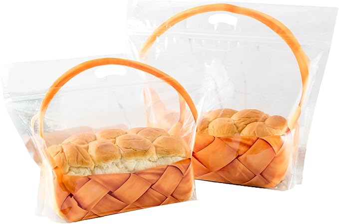 50 pcs 7.9 Inch Large Clear Bread Plastic Bags with Handle, Sealing Zipper Loaf Packaging with Basket Pattern for Homemade Bread Cookie, Bakery Cafe