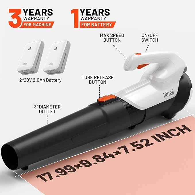Litheli 20V Cordless Leaf Blower with 2×2.0Ah Batteries, 350CFM/85MPH Lightweight Electric Blower, 2-Speed Handheld Battery Leaf Blower for Lawn, Garden, Patio, Yard & Dust Cleanup