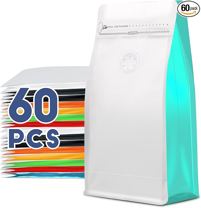 Coffee Bags with Valve(60pcs,16 oz,1 lb) Vented Coffee Beans Packaging Bags High Barrier Aluminumed Foil Flat Bottom Heat Sealed Side Zipper Resealable Storage Bag for Home or Business (White+Blue）