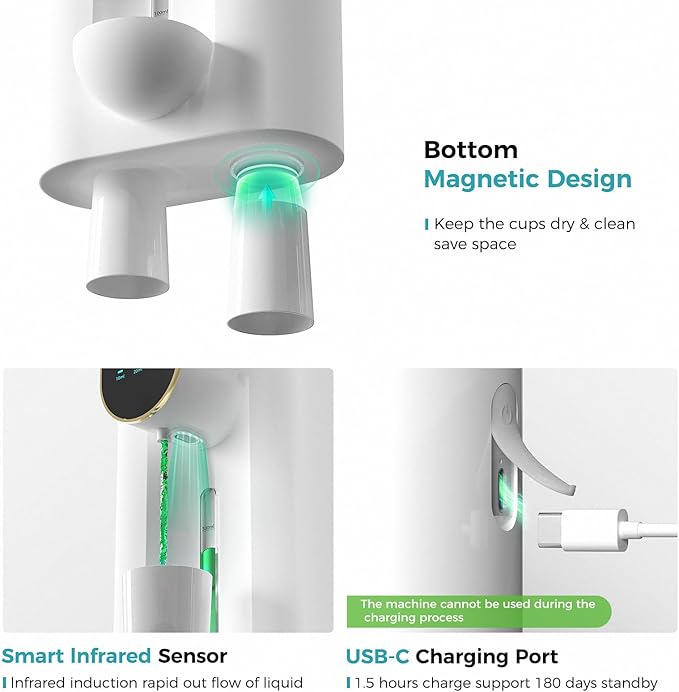 Oylik Automatic Mouthwash Dispenser 18.26 oz Touchless Mouthwash Dispenser for Bathroom 2 Magnetic Cup USB Rechargeable and 3 Dispensing Levels with Led Screen Wall-Mounted or Countertop Use-White