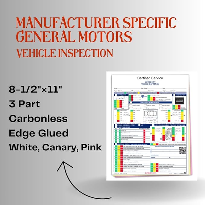 General Motors Multi-Point Inspection Form – GM Vehicle Checklist – 3-Part Carbonless Edge-Glued Pad – White, Canary, Pink – 8.5"×11" Auto Service Form - Pack of 1000