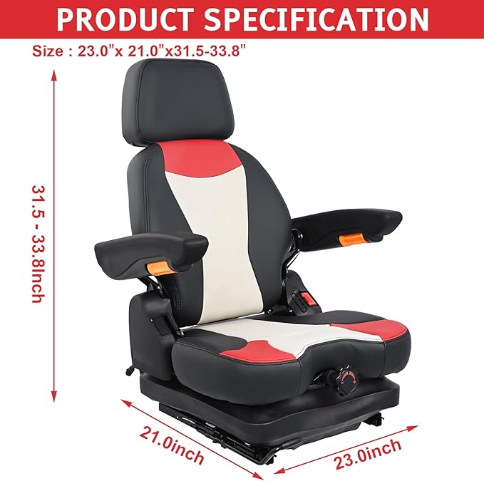 Universal Lawn Mower Seat,Highback Low Suspension Forklift Seat with Adjustable Headrest,Adjustable Armrests Shock Absorber Heavy Duty Seat for Zero Turn Mower/Excavator/Harvester/Tractor