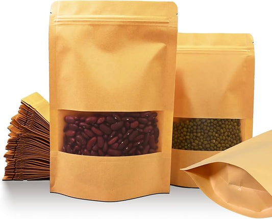 50 Pcs 3.5" x 5.5" Kraft Paper Bags with Window,Reusable Small Mini Stand Up Pouches for Food Storage,Resealable Zipper Packaging Bags for Small Business, Coffee, Candy, Cookie, Snacks, Tea