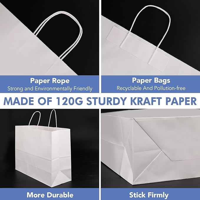 XPCARE 200Pack Large Paper Gift Bags with Handles Bulk,16x6x12 Inch Kraft Bag Packaging White Paper Bags for Birthday Party Boutiques Business Retail Stores Merchandise