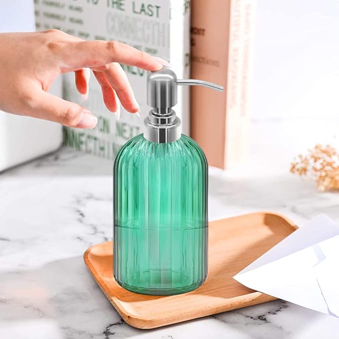 14 Oz Glass Soap Dispenser with 304 Rust Proof Stainless Steel Pump, Refillable Hand Liquid Soap Dispenser for Bathroom, Kitchen, Countertop, Laundry Room (Green)