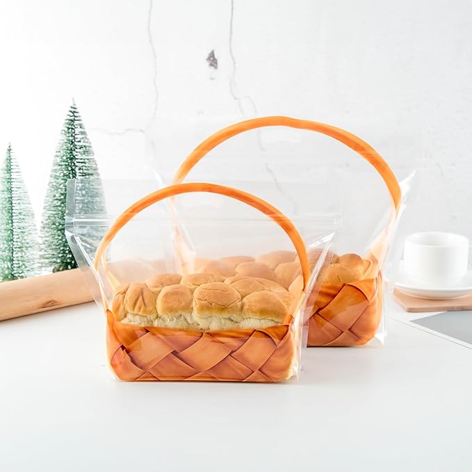 50 pcs 7.9 Inch Large Clear Bread Plastic Bags with Handle, Sealing Zipper Loaf Packaging with Basket Pattern for Homemade Bread Cookie, Bakery Cafe