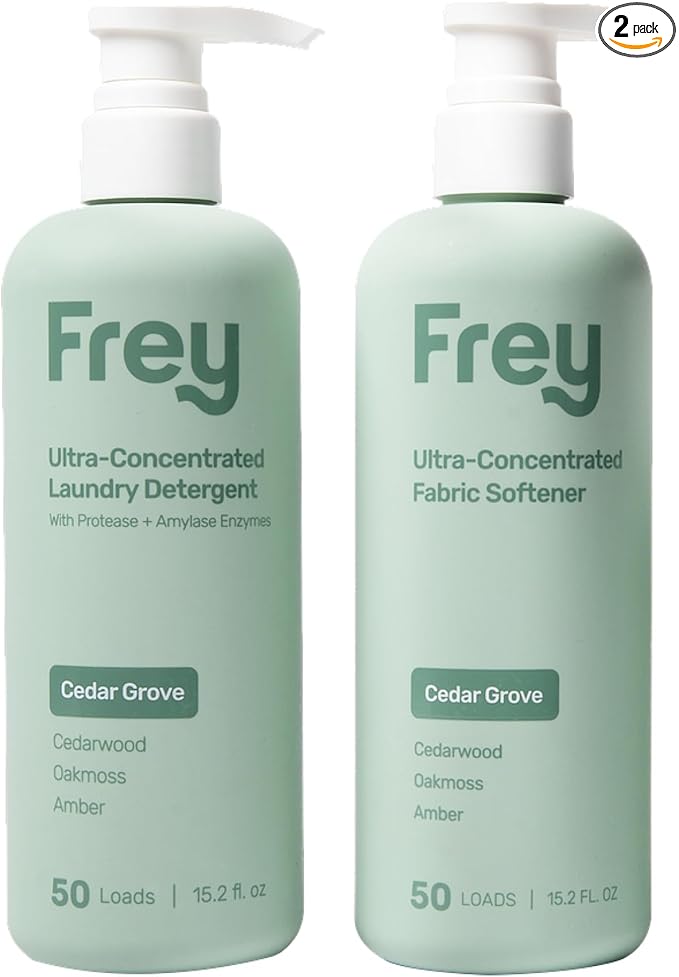 FREY Laundry Care Bundle: Concentrated Detergent & Fabric Softener, Cedar Grove Scent, HE-Compatible, Eco-Friendly