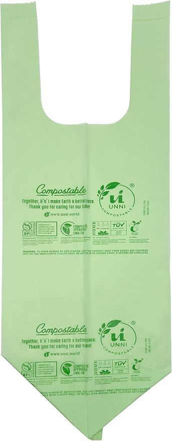 UNNI Compostable T-Shirt Bags with Tie Handles, 2.6 Gallon / 9.84 Liter, 100 Count, 0.68 mil Small Kitchen Caddy Liners, Certified by BPI, CMA & OK compost HOME, Meets ASTM D6400