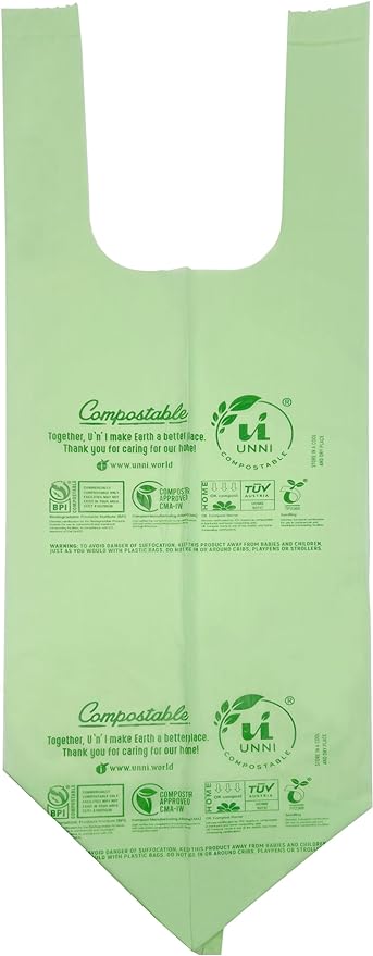 UNNI Compostable T-Shirt Bags with Tie Handles, 1.6 Gallon / 6 Liter, 200 Count Value Pack - 2 rolls × 100, 0.64 mil Small Compost Bin Liners, Certified by BPI, CMA & OK compost HOME