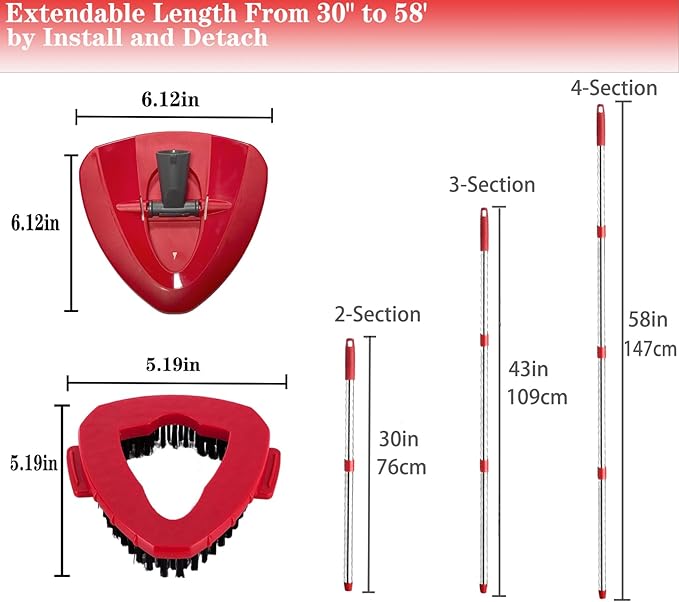 Spin Mop Replacement Handle and Mop Base Replacements for OCeda EasyWring 1-Tank Spin Mop System,4-Section Iron Mop Handle 30-58in and 1 Mop Base and 1 Scrub Brush Cover Set Combo, Red