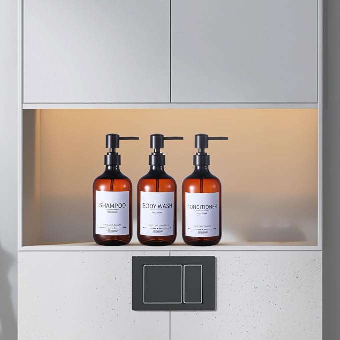 Shampoo and Conditioner Bottles(5Pack),Shampoo Dispenser for Shower,Bottles Refillable with Pump,Bathroom Dispenser Sets(Amber)
