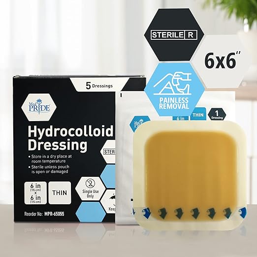 MED PRIDE Hydrocolloid Adhesive Dressings for Pilonidal Cyst, Sterile, Highly Absorbent, Water-Resistant, Long-Lasting (6'' x 6'' 5 Thin)