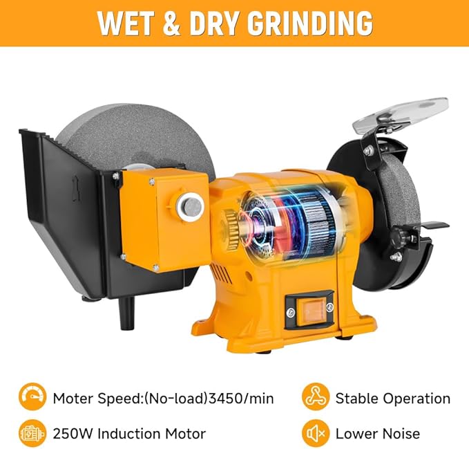 Hoteche 6-Inch/8-Inch Dual-Size Bench Grinder - 2.1-Amp Heavy Duty Dry/Wet Sharpening System for Metal, Wood, Tools, Knives, Chisels & DIY Projects