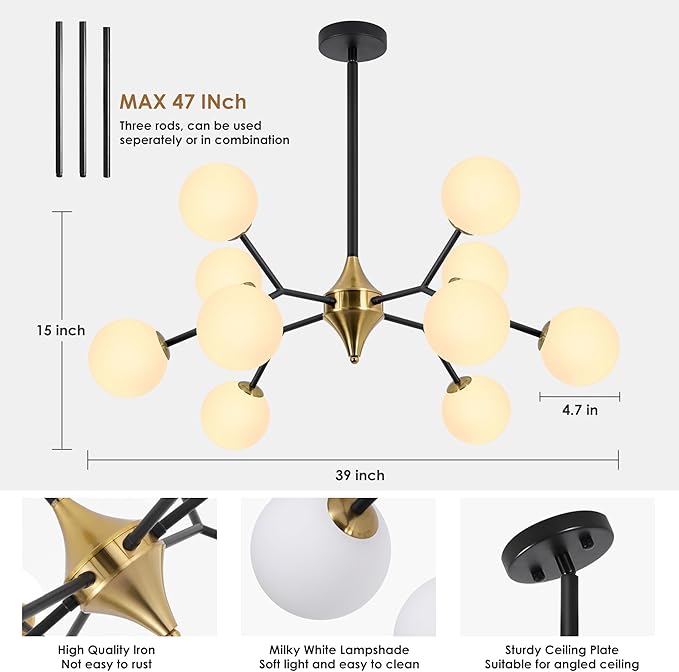 COCOSTAR Dining Room Chandelier, 10 Lights Modern Ceiling Light Fixture, Sputnik Chandelier, Chandeliers Over Table, Milk Globe, Black and Gold, G9 Base