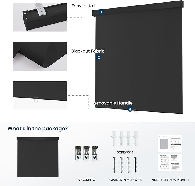 100% Blackout Roller Shades Cordless Blinds for Indoor Windows,Free-Stop Window Shades Pull Down,Thermal Insulated Fabric UV Protection,Blackout Window Guard Blinds for Home,Office,Black,52" W x 72" H