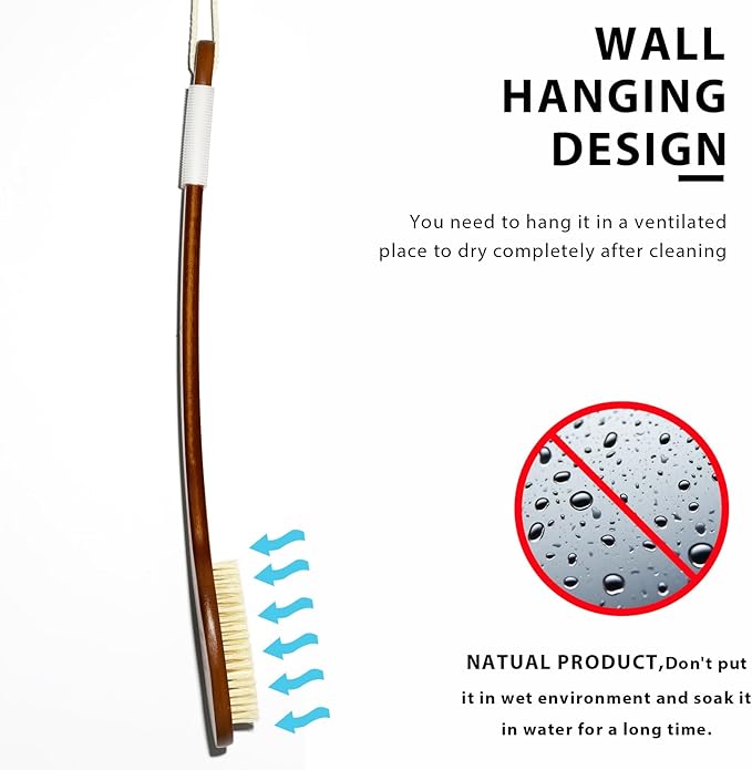 ICANdOIT-17.71Inch Natural Stiff Sisal Bristles Anti-Slip Curved Long Handle Bath Brush,Bent Handle Shower Scrubber for Exfoliating,Shower Back Brush