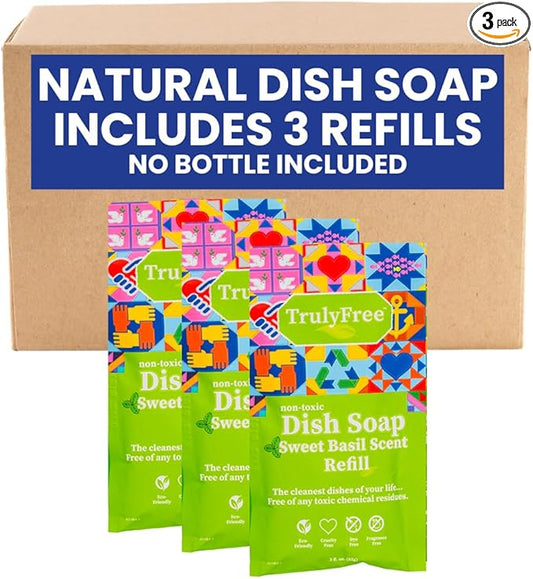 Truly Free Natural Concentrated Dish Detergent Dishwashing Liquid | Plant-Based Dish Soap | Sweet Basil Fresh Scent | Pack of 3