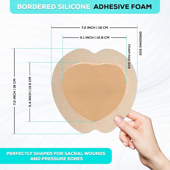 MedVance TM Silicone - Sacral Bordered Silicone Adhesive Foam Wound Dressing, Bed Sore Treatment Bandage for Sacrum, Size 7"x 7", Box of 15 dressings