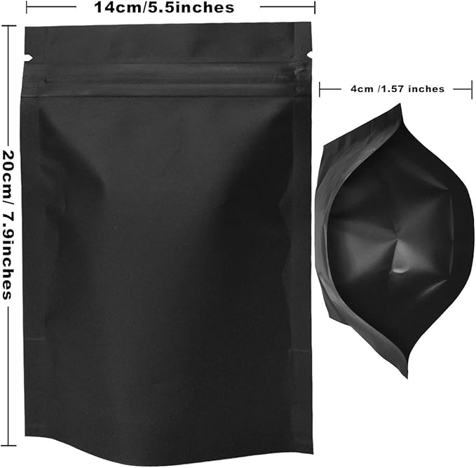 STUs 100 Pack Mylar Stand-Up Bags 5.5 x 7.9 Inch Smell Proof Bags Foil Pouch Double-Sided Mylar Bag Matte Black