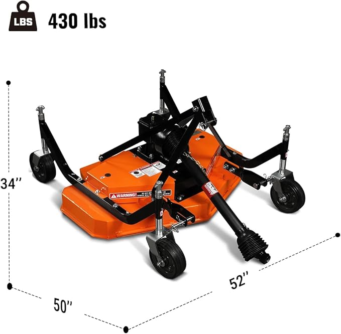 3 Point PTO 48'' Working Width Finish Mower Attachment for 18-50hp Tractor, Category 1 Hitch, 4-Tires, 0.4'' - 4.5'' Adjustable Cutting Height, Model FM120