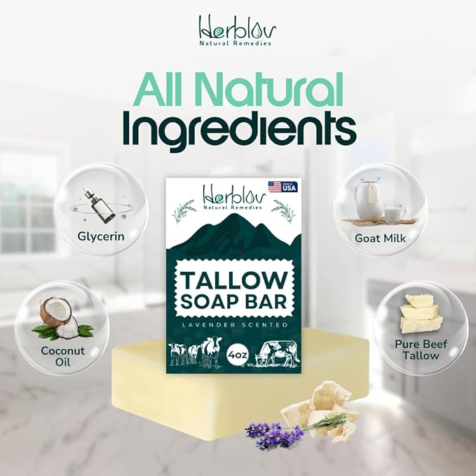 Beef Tallow Soap Bar – All Natural Grass Fed Tallow Soap Lavender – Moisturizing Face & Body Wash Great for Eczema, Dry, Itchy, Sensitive Skin – Handcrafted Bath Soap for Adults, Kids, Made in USA