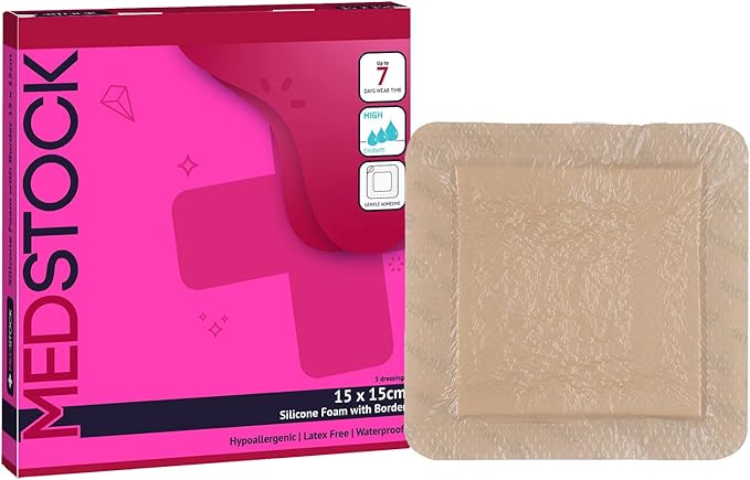 MEDSTOCK Silicone Foam Dressing with Border, 6"x6" (Pack of 5), Wound Care, Super Absorbent, Atraumatic Removal, Five Layers, Waterproof, Seals Wound Edges, No Adhesion Loss