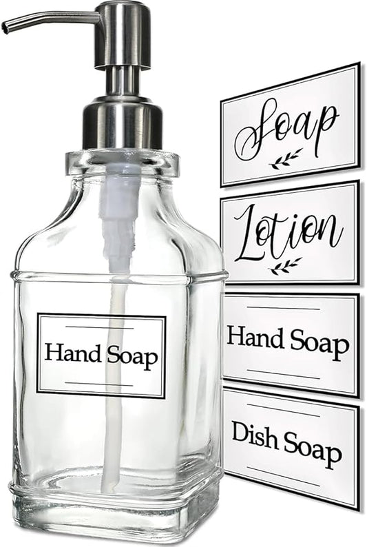 JASAI Antique Design Soap Dispenser with Rust Proof 304 Stainless Steel Pump, Refillable Clear Glass soap Dispenser with 10Pcs Clear Stickers, Premium Kitchen & Bathroom Soap Dispenser