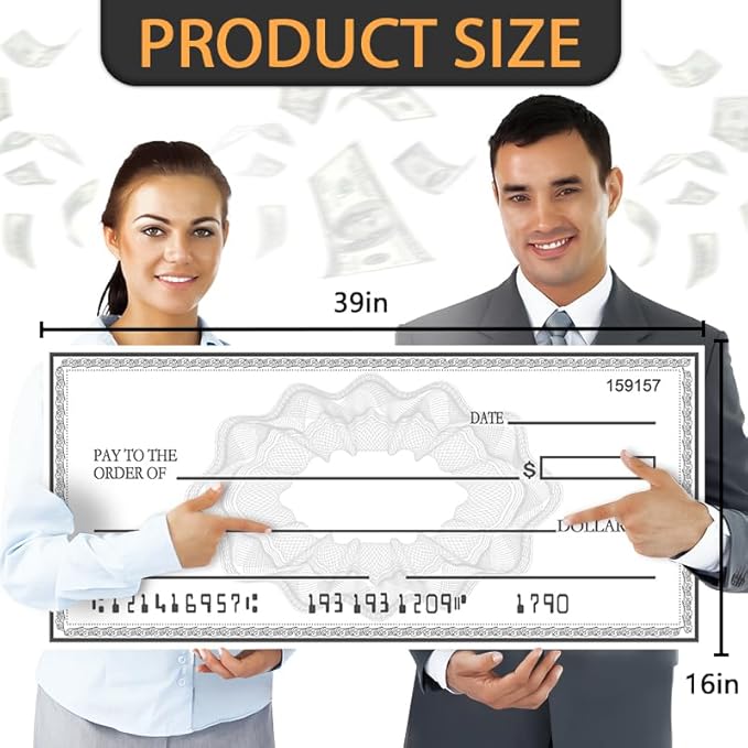 SAYANG Big Check Giant Check 40x16 Inch | Double-Sided Reusable Dry Erase Presentation Board for Fundraisers & Awards - Waterproof Paper with 2 Markers & Guide