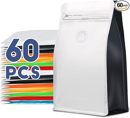 Coffee Bags with Valve(60pcs,8 oz,1/2 lb) Vented Coffee Beans Packaging Bags High Barrier Aluminumed Foil Flat Bottom Heat Sealed Side Zipper Resealable Storage Bag for Home or Business（White+Black）