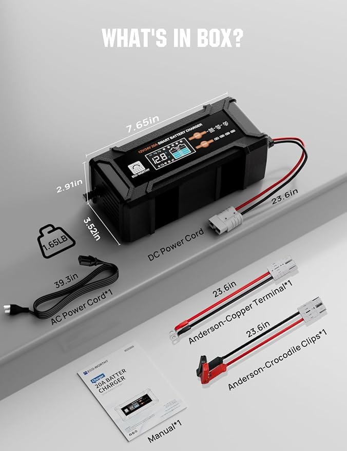 ECO-Worthy 12V/24V 20A Smart Battery Charger Maintainer, Auto Voltage Detect for LiFePO4 Lead-Acid with Multi-Current Options 5A/10A/15A/20A, Trickle Charger for Car Motorcycle Lawn Mower RV Camping