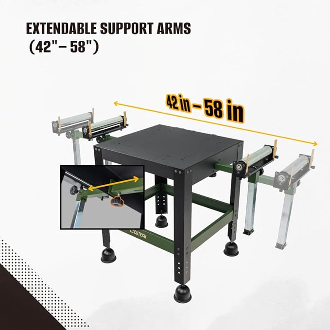 CUTECH 80201R Mobile Benchtop Machine Stand with Extension Rollers – Heavy-Duty Build, 7-Stop Adjustable Height, Extendable & Fine-Tunable Rollers, Adjustable Roller Height, Guide Rails, and Locking Wheels for Woodworking Machines