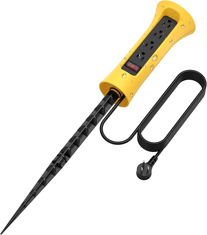 CCCEI Outdoor Power Strip Weatherproof with Stake, Waterproof Extension Cord with Multiple Outlets, Christmas Exterior Garden Decor, Yard, Camping, 4 Plugs, Surge Protector 15FT, Yellow.