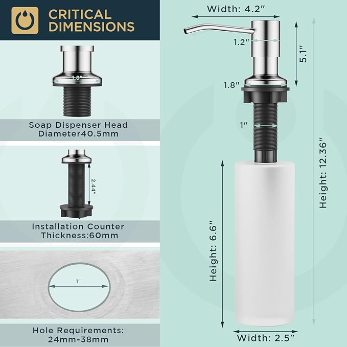 FORIOUS Brushed Nickel Soap Dispenser for Kitchen Sink with 500ML/18OZ Bottle, Lotion Dispenser Built in Refill from The Top for Countertop Sink