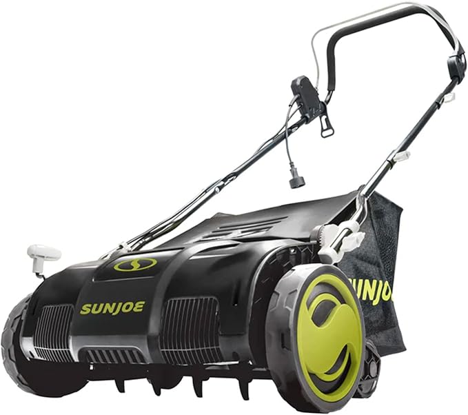 Sun Joe Corded Dethatcher & Scarifier with 13.2-Gal Bag, 15-Inch Cutting Width, 13-Amp Motor - Heavy-Duty Yard Trimmer for Gardening Care and Lawn Maintenance, AJ805E